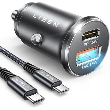Lisen 54W PD+QC 3.0 USB-C Car Charger with 60W Type-C Cable