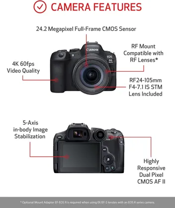 EOS R6 Mark II - Full Frame Mirrorless Camera (Body Only) - Still & Video - 24.2MP, CMOS, Continuous Shooting - DIGIC X Image Processing - 6K Video Oversampling - Advanced Subject Detection