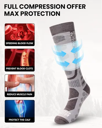 Merino Wool Ski Socks, Over The Calf Non-Slip Cuff Winter Compression Thermal Socks & Women