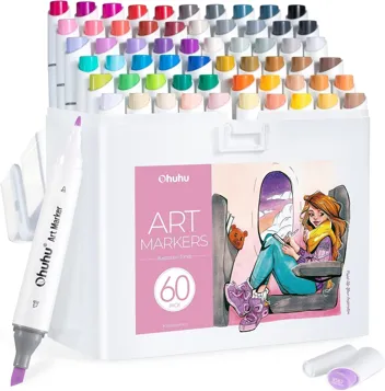 Ohuhu Alcohol Markers: 60 Colors Slim Broad and Fine Double Tipped Kaala Marker for Artists Adult Coloring