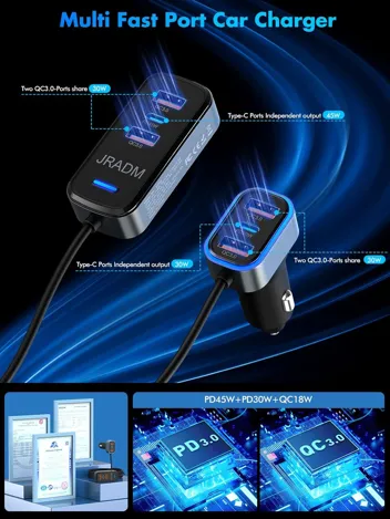 JRADM 135W 6-Port Multi Port USB C Car Charger