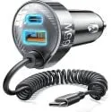 Lisen 65W 2-USB Car Charger with 5ft Coiled USB-C Cable