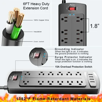 Alestor 12-Outlet 4-USB 2700J Surge Protector Power Strip with 6ft Cord