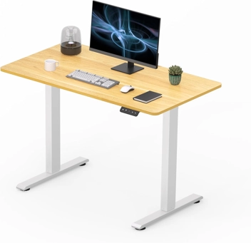 FitStand Adjustable Stand Up Desk with Whole Piece Desk Board, 44 x 24 Inch Electric Standing Desk Home Office Desk Maple Top + White Frame