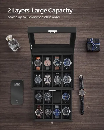 SONGMICS 16-Slot Watch Case with Glass Lid (Black+Grey)