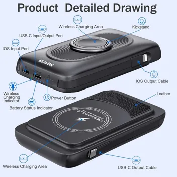 Blavor 10000mAh Magnetic Wireless Charging Power Bank with Built-in Cables