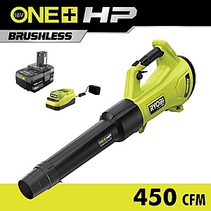 RYOBI ONE+ 18V Brushless Whisper Series 130 MPH 450 CFM Cordless Battery Leaf Blower with 4.0 Ah Battery and Charger