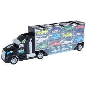 13-Piece 19.5" Bike Lane Semi-Truck 2-Sided Car Hauler Storage Toy w/ Helipad and 12 Vehicles