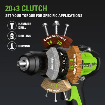 24V Brushless 1/2" Hammer Drill (Metal Chuck 20+3 Clutch / LED Light) + 5 PC Drill Bits, 2.0Ah Battery & Charger Included