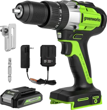 24V Brushless 1/2" Hammer Drill (Metal Chuck 20+3 Clutch / LED Light) + 5 PC Drill Bits, 2.0Ah Battery & Charger Included