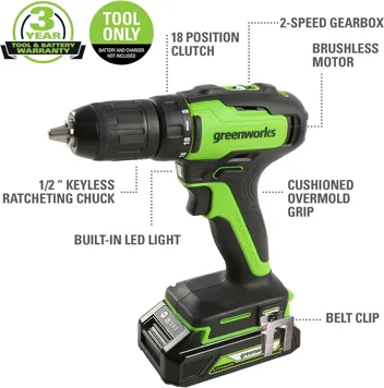 24V Brushless 1/2" Hammer Drill (Metal Chuck 20+3 Clutch / LED Light) + 5 PC Drill Bits, 2.0Ah Battery & Charger Included