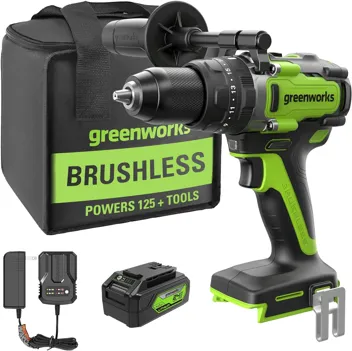 24V Brushless 1/2" Hammer Drill (Metal Chuck 20+3 Clutch / LED Light) + 5 PC Drill Bits, 2.0Ah Battery & Charger Included