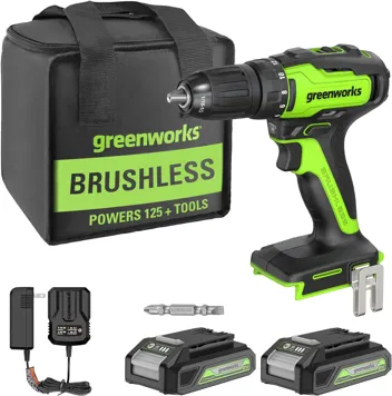 24V Brushless 1/2" Hammer Drill (Metal Chuck 20+3 Clutch / LED Light) + 5 PC Drill Bits, 2.0Ah Battery & Charger Included