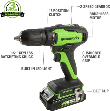 24V Brushless 1/2" Hammer Drill (Metal Chuck 20+3 Clutch / LED Light) + 5 PC Drill Bits, 2.0Ah Battery & Charger Included