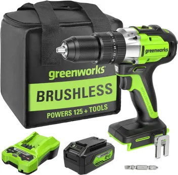 24V Brushless 1/2" Hammer Drill (Metal Chuck 20+3 Clutch / LED Light) + 5 PC Drill Bits, 2.0Ah Battery & Charger Included