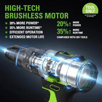 24V Brushless 1/2" Hammer Drill (Metal Chuck 20+3 Clutch / LED Light) + 5 PC Drill Bits, 2.0Ah Battery & Charger Included