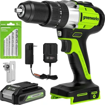 24V Brushless 1/2" Hammer Drill (Metal Chuck 20+3 Clutch / LED Light) + 5 PC Drill Bits, 2.0Ah Battery & Charger Included