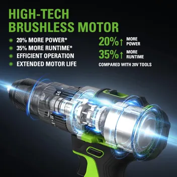 24V Brushless 1/2" Hammer Drill (Metal Chuck 20+3 Clutch / LED Light) + 5 PC Drill Bits, 2.0Ah Battery & Charger Included