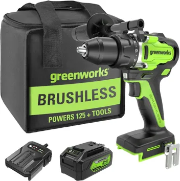 24V Brushless 1/2" Hammer Drill (Metal Chuck 20+3 Clutch / LED Light) + 5 PC Drill Bits, 2.0Ah Battery & Charger Included