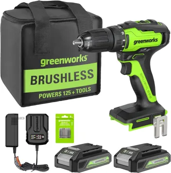 24V Brushless 1/2" Hammer Drill (Metal Chuck 20+3 Clutch / LED Light) + 5 PC Drill Bits, 2.0Ah Battery & Charger Included