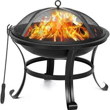 Segmart 22" Round Curved Iron Wood Fire Pit with Spark Screen, Poker