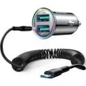 Joyroom 4.8A Metal Mini USB Car Charger w/ 5ft Coiled Type-A to Type-C Cable