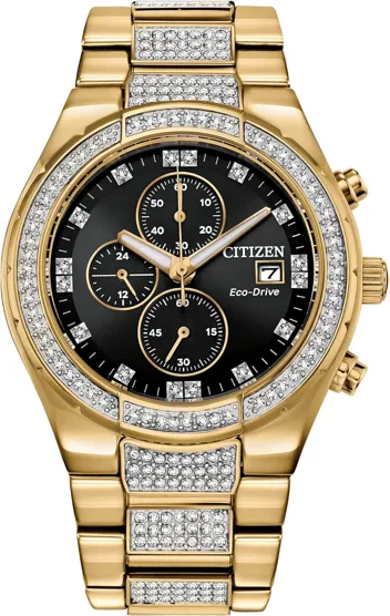 Eco-Drive Classic Chronograph Crystal Watch in Gold-Tone Stainless Steel, Black Dial (CA0752-58E)