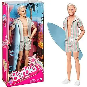 Barbie The Movie Ken Doll Wearing Pastel Pink and Green Striped Beach Matching Set with Surfboard and White Sneakers