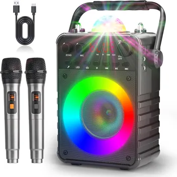 Peski T-02 Bluetooth LED Lights Portable Karaoke Machine with 2x Wireless Microphones