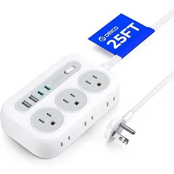 Orico 25ft Extension Cord 6-Outlet 4-USB Travel Power Strip