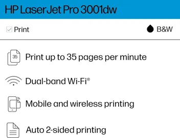 LaserJet Pro 3001dw Wireless Black & White Printer