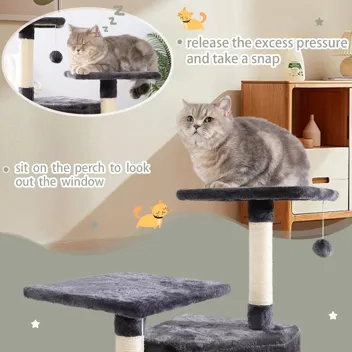 KSIIA Cat Tree for Indoor Cats 38 inch Cat Tower with Sisal-Covered Scratching Post and Multi-Level Perches Kittens Cozy Cat Condo, Grey2