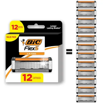 BIC Flex 5 Refillable Refill Razor Cartridges for Men, 12 Cartridges