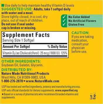Vitamin D3 1000 IU 25mcg Dietary Supplement (180-Tablets)