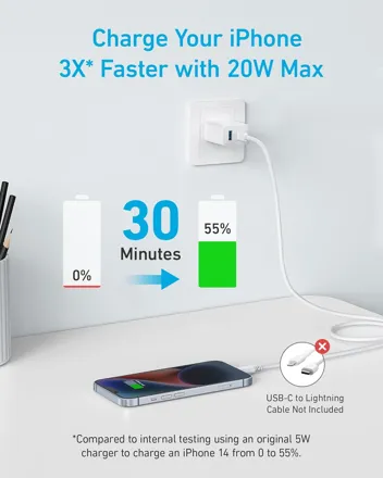 20W Dual Port USB Fast Wall Charger w/ 5ft USB-C Cable