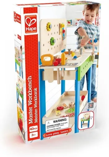 Master Workbench by Hape | Award Winning Kid's Wooden Tool Bench Toy Pretend Play Creative Building Set, Height Adjustable 35Piece Workshop for Toddler